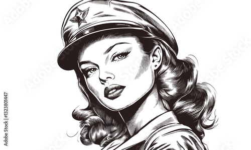 Retro female soldier portrait in uniform hat, vintage fashion icons set, linear vector.