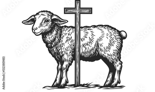 Lamb with christian cross in black and white style - vector, linear icons set.