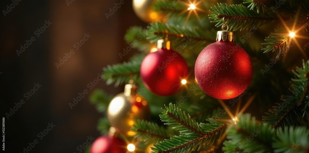 Golden ornaments and red glass balls on a lit up tree, tree, lit up, decorations Golden ornaments and red glass balls on a lit up tree, tree, lit up, decorations