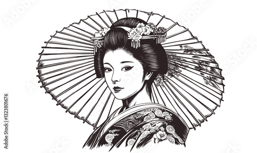 Traditional japanese geisha with umbrella in flat style - icons set (vector).