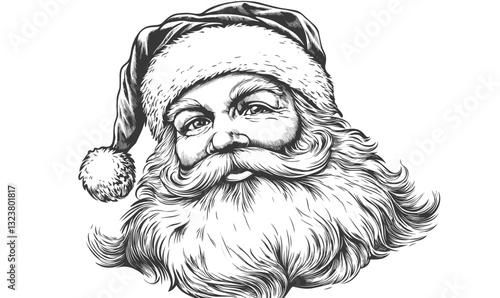 Detailed illustration of santa claus head with hat and beard - linear icons set.