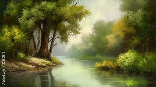 Serene Riverside Landscape Beautiful Summer Scene with River Trees Grass Flowers Nature