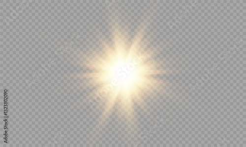 Yellow sunlight star flashed with sparkles sun isolated on white background. Soft glow without departing rays, sunlight with lens flare effect. PNG vector light effect.