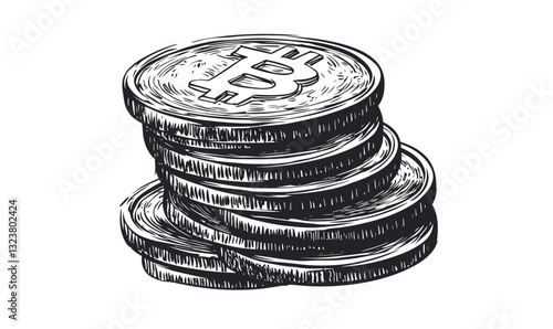 Stacked bitcoin coins illustration in linear style, vector icons set.