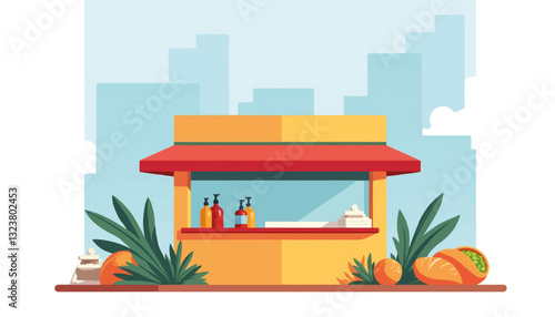 Colorful food stall with fresh fruits and drinks against city skyline