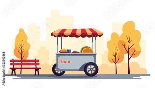 Taco food cart in urban park during autumn