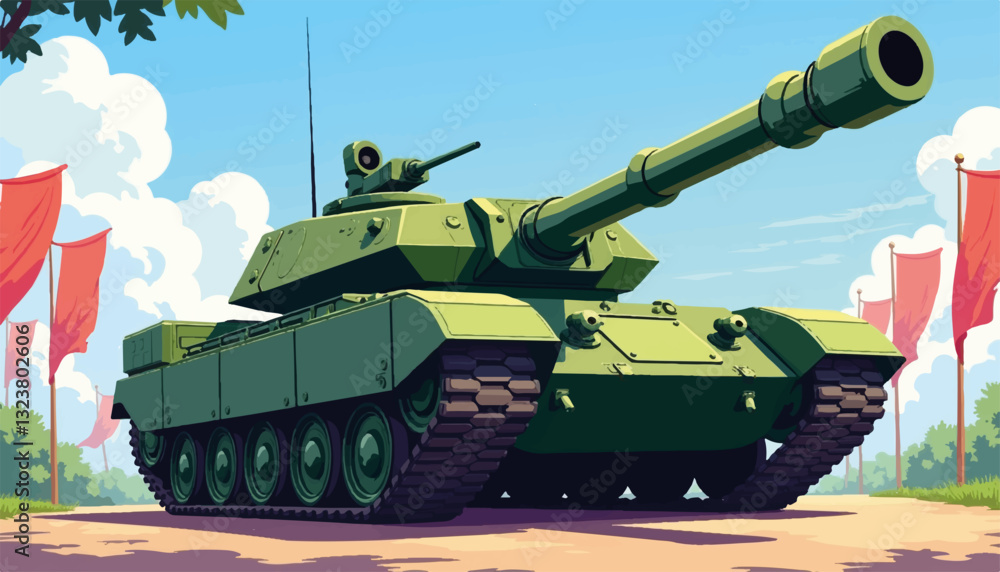 Fototapeta premium Green tank parked on a road with red flags
