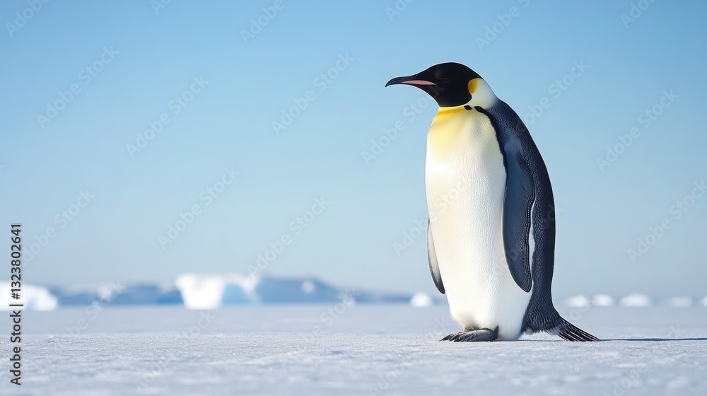 Fototapeta premium Emperor Penguin Amidst Icy Realm: A majestic Emperor penguin stands regally on a vast expanse of snow, with icebergs in the distant horizon under a bright blue sky.
