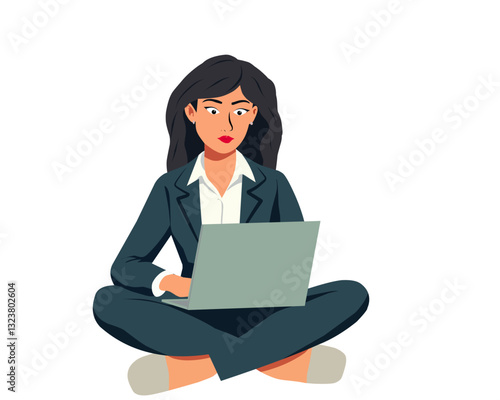 Businesswoman working on a laptop while sitting cross-legged. Concept of remote work, freelance, online meeting, and professional productivity. Modern flat vector illustration
