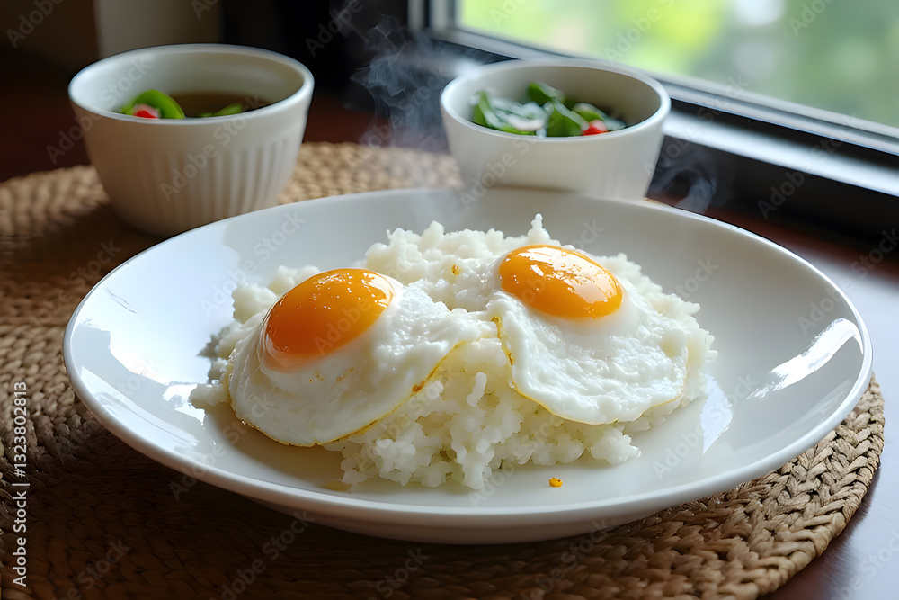 White rice and fried egg with smoke from the heat of the newly cooked food White rice and fried egg with smoke from the heat of the newly cooked food