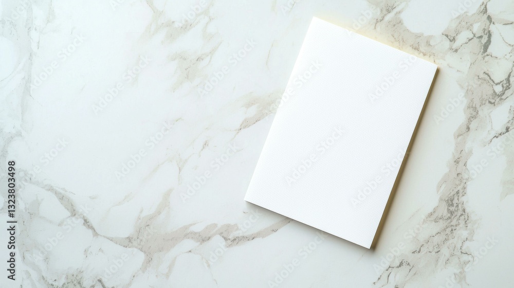 Blank white notebook on a marble surface, ideal for design mockups and stationery layouts. Blank white notebook on a marble surface, ideal for design mockups and stationery layouts.