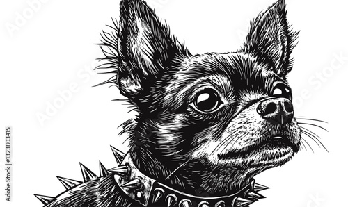 Chihuahua portrait with spiked collar - linear style vector icon set.