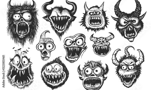 Monster faces icons set, black and white, line art style, vector, flat.