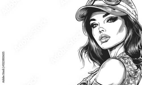 Confident woman in military cap, monochrome portrait, flat icons set vector.