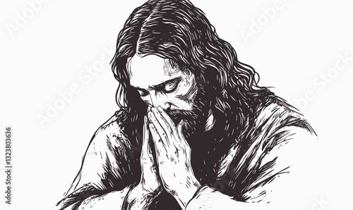 Praying figure with folded hands, mono line art, flat style icons set.