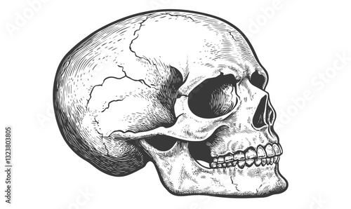 Human skull side view in detailed art style, vector icons set, linear.