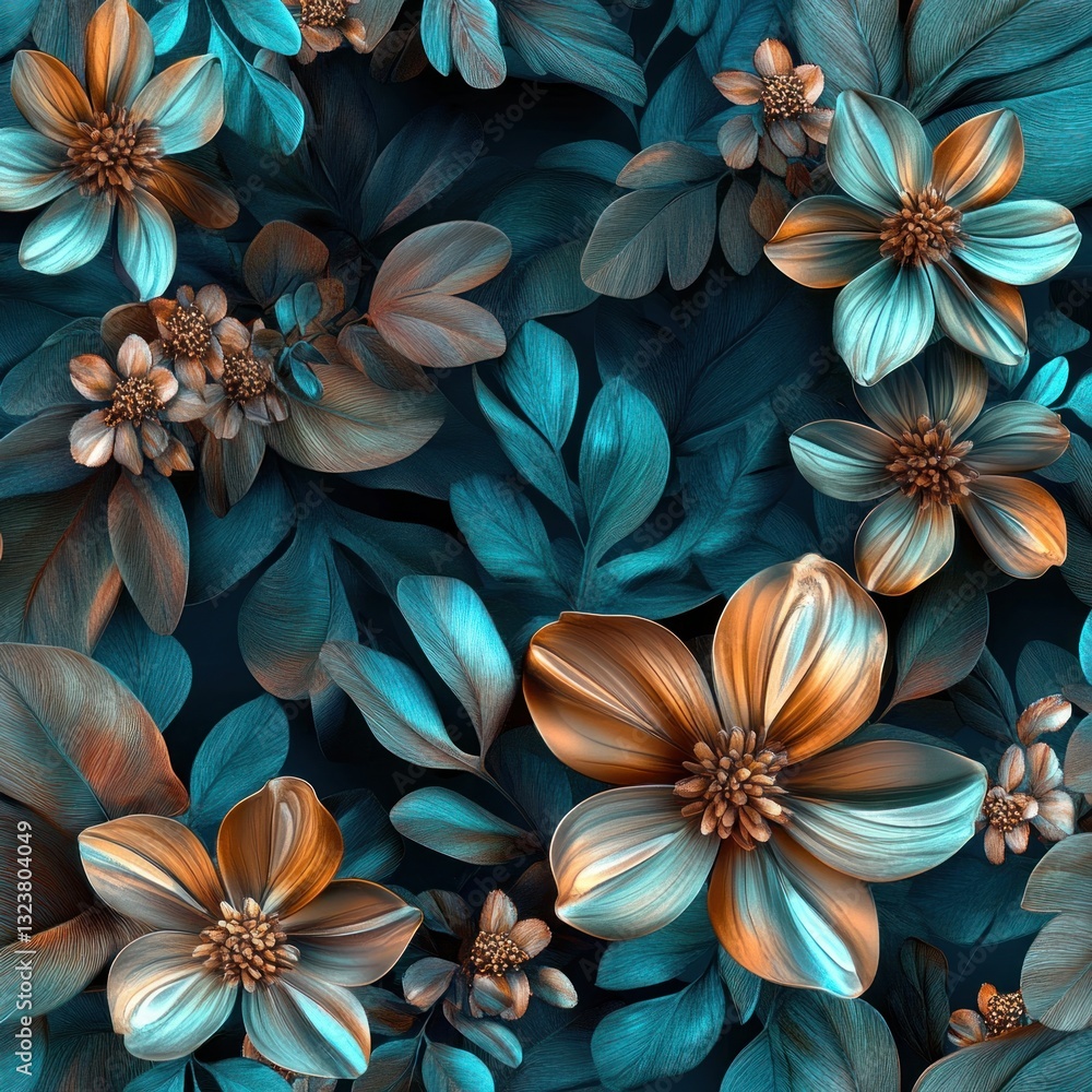 Teal and copper metallic flowers and leaves. Teal and copper metallic flowers and leaves.
