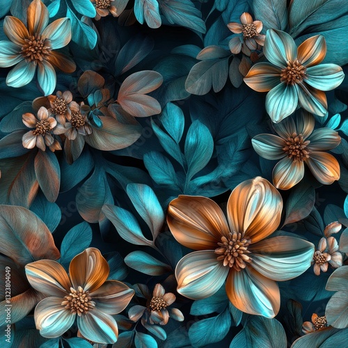 Teal and copper metallic flowers and leaves.