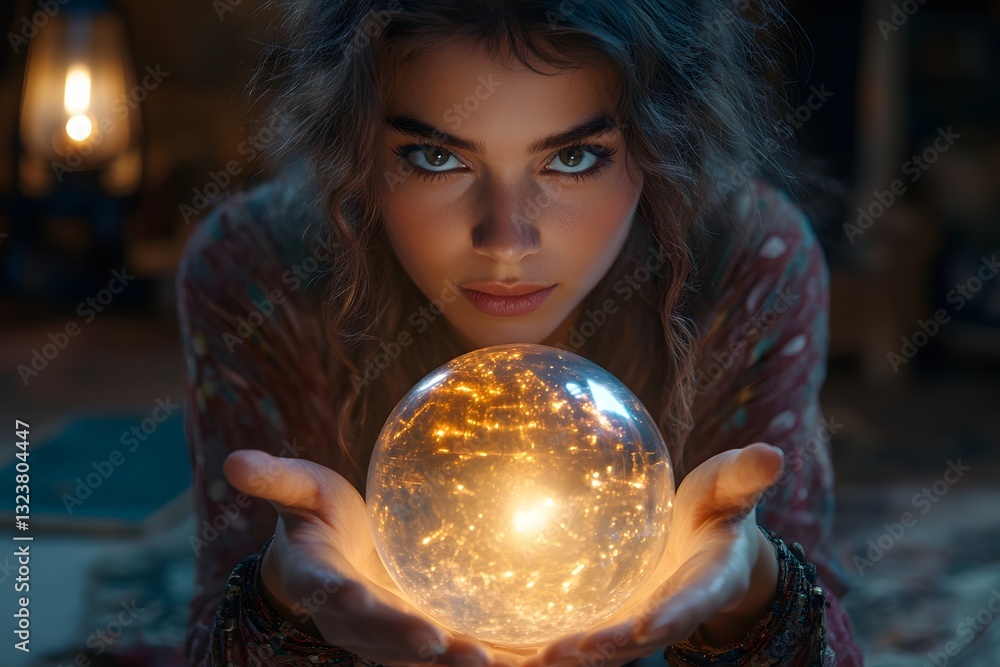Naklejka premium a woman holding a glowing crystal ball.