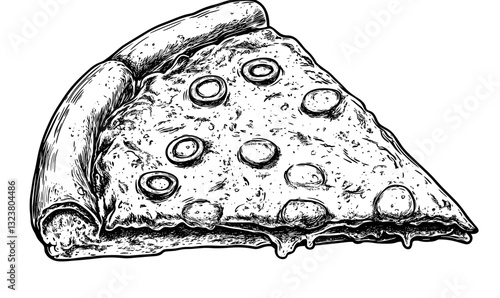 Hand-drawn slice of pepperoni pizza with cheese, crust detail, linear style icons set, vector.