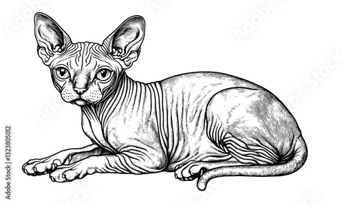 Sphynx cat illustration in linear style, icons set.