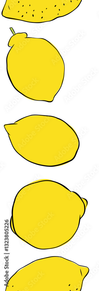 Lemon whole fruit seamless vertical border isolated on transparent background. Vector graphic line ink illustration. art for food design, recipe, cook book, packages, menu, food ads and decor Lemon whole fruit seamless vertical border isolated on transparent background. Vector graphic line ink illustration. art for food design, recipe, cook book, packages, menu, food ads and decor