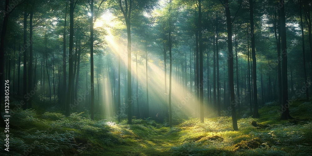 Obraz premium spring forest sunlight view vibrant greenery peaceful scene blooming wildlife