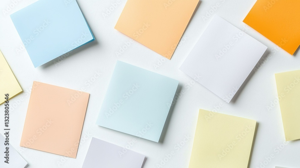 Colorful sticky notes on white surface arranged in a pattern. Colorful sticky notes on white surface arranged in a pattern.