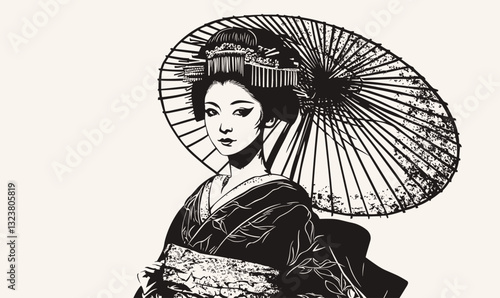 Traditional japanese geisha with umbrella in black and white - flat icons set - vector.