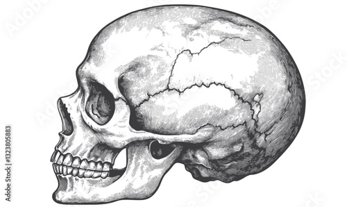 Human skull side view, detailed anatomy, medical illustration, flat icons set, vector.