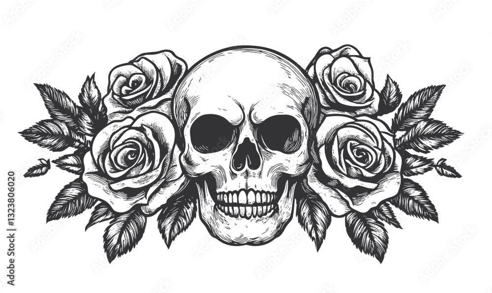 Fototapeta premium Skull and roses icon set, flat style, vector.