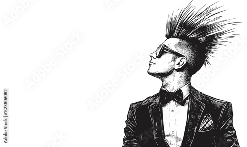 Punk style male with mohawk haircut in suit and bowtie, flat icons set, vector.