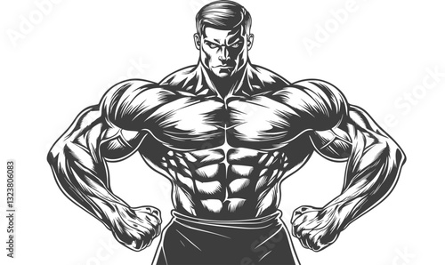 Muscular bodybuilder posing with clenched fists, strong man linear icons set, vector, flat.