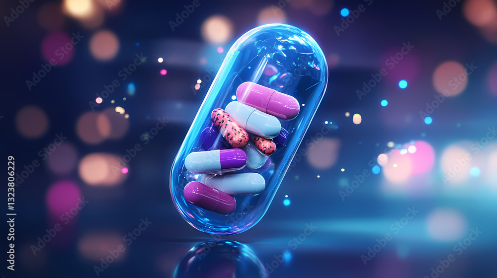 Transparent capsule with colorful pills inside