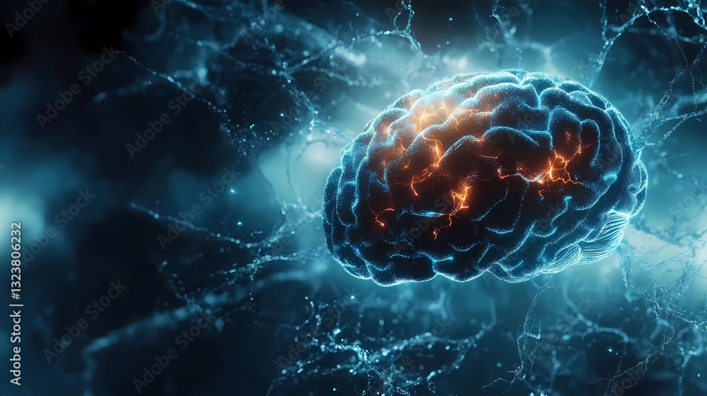 Glowing blue brain with neural network
