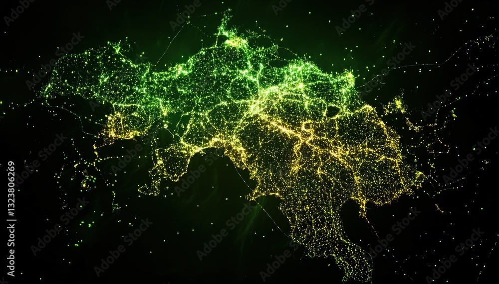 Abstract network map with vibrant green and yellow lights on black background representing data connectivity and technology with an ethereal glow Abstract network map with vibrant green and yellow lights on black background representing data connectivity and technology with an ethereal glow