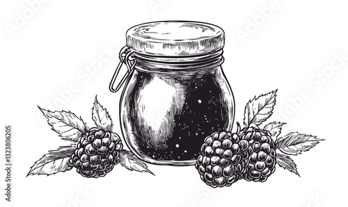 Jam jar with berries and leaves, flat icons set, linear vector.