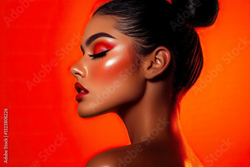 Portrait of woman looking away showcasing vibrant makeup with a striking red background. Strong contouring and highlighted cheekbones create an impactful visual statement
