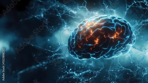 Glowing blue brain with neural network