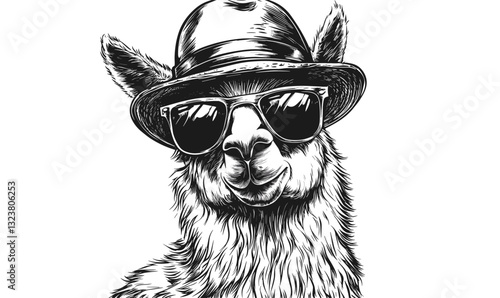 Cool alpaca with hat and sunglasses icon set - flat vector style.