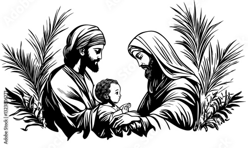 Holy family with palm leaves black and white vector, linear icons set.