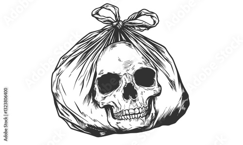 Skull in bag icon set - intricate line art, black and white, vector, linear style.