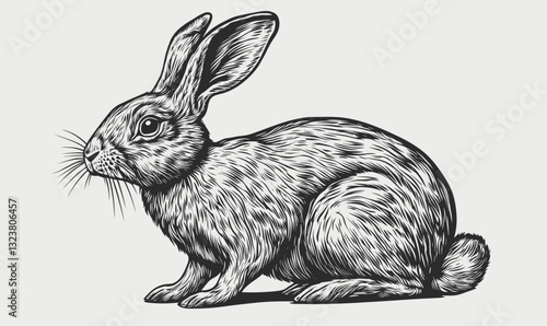 Detailed rabbit illustration, wildlife animal in black and white, vector, linear icons set.