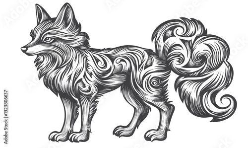 Intricate stylized fox with feathery tail in flat design - vector icons set.