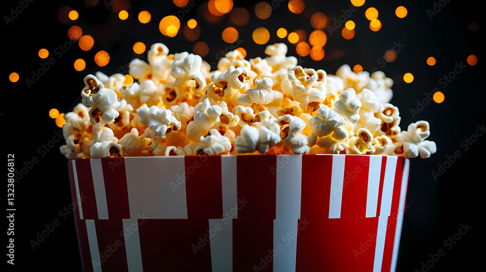 Popcorn in a red and white striped bucket