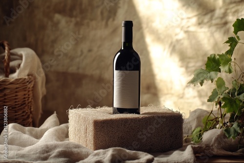 Wine bottle with mycelium packaging stands on fungus block, showcasing eco-friendly, compostable design. Mycelium solution reduces carbon footprint, offering zero plastic and sustainable approach