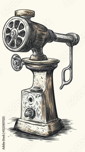 Vintage Manual Meat Grinder Illustration - Retro Kitchen Equipment Engraving Art