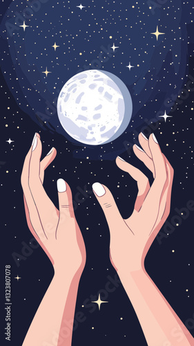 Mystic Hands Holding Moon Under Starry Night Sky Tarot Style Minimalist Vector