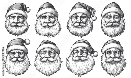 Santa claus faces with different expressions vector flat icons set.
