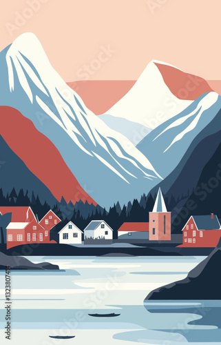 Norwegian Village Minimalist Landscape with Mountains and River in Retro Nordic Style Vector
